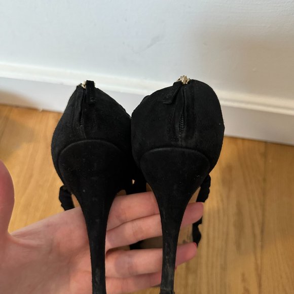 Fendi Mesh Sandals Peep-toe Criss-cross Straps Bow Accent Sz 37 Black Stilettos - Picture 9 of 13